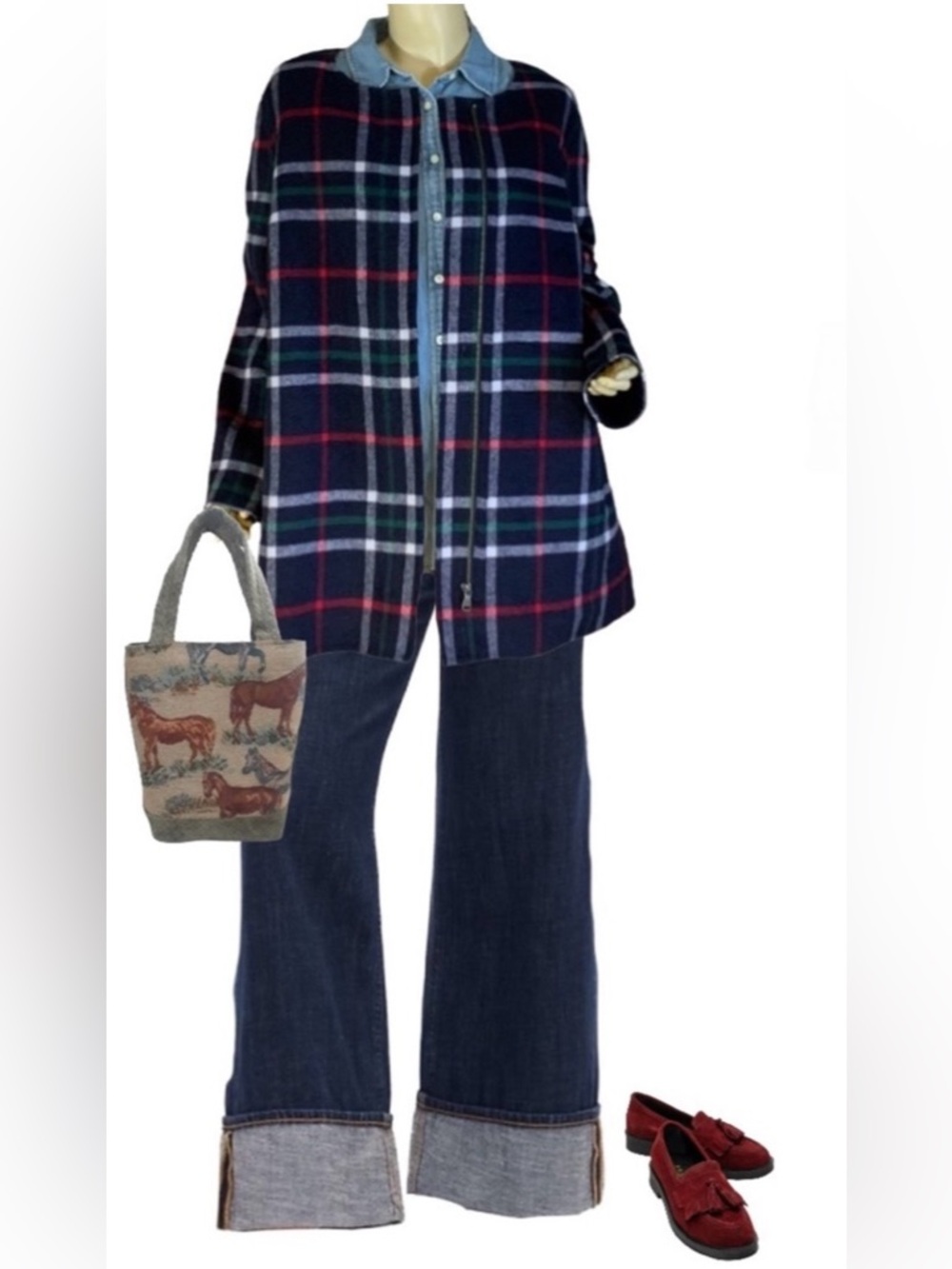 TALBOTS BLUE, RED & WHITE WOOL BLEND  "DOUBLE FACE PLAID TOPPER "JACKET (M)